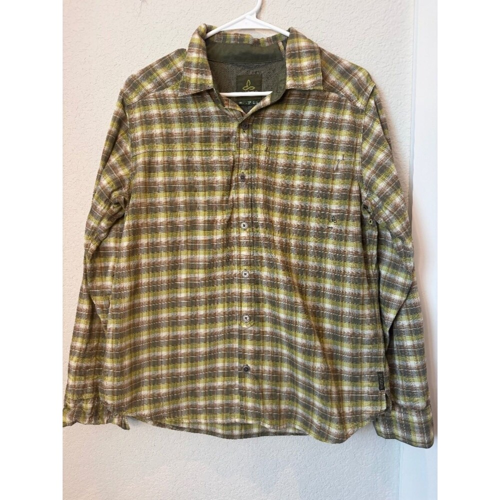 Men’s Prana Green Plaid Button Front Shirt Size Small